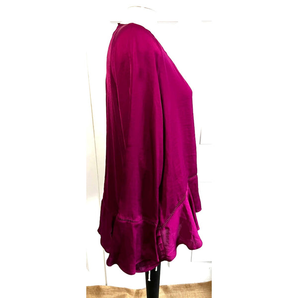 Mossimo Purple Satin Babydoll Blouse Sz XXL Womens Plus Ruffle Bottom Long Bell Sleeve