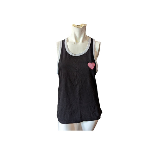 Black with Pink Heart Tank Top Sz Large Juniors with White Piping