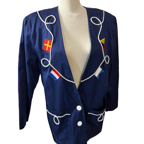Vintage Blazer Eighties Navy Blue Sz 12 Embellished Flag Blazer by Ali MIles with Shoulder Pads