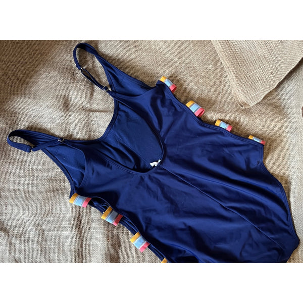 So Navy Blue Open Side Panel One Piece Swim Suit Sz XL Multi Color Straps