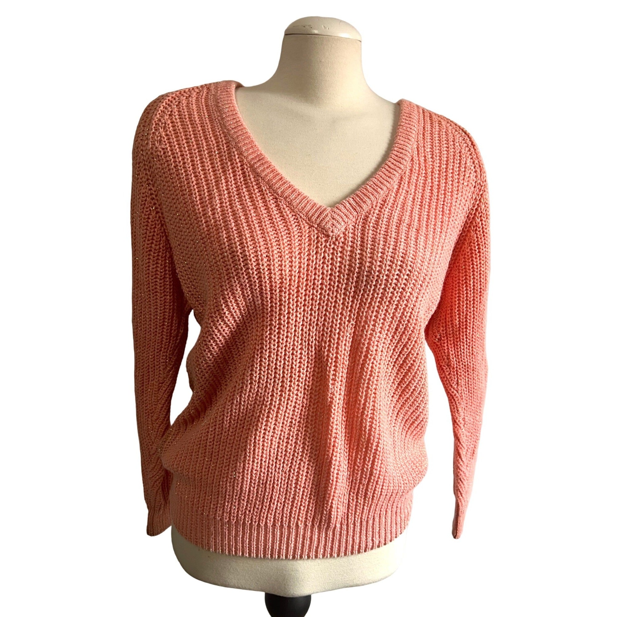 Vintage Pink Metallic Thread Sweater Sz Large by L Simsbury Pink Long Sleeve V Neck