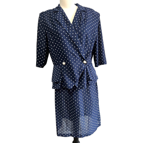 Vintage Polka Dot Skirt Suit Sz 18 Petite Plus by Prelude Short Sleeve Navy Blue