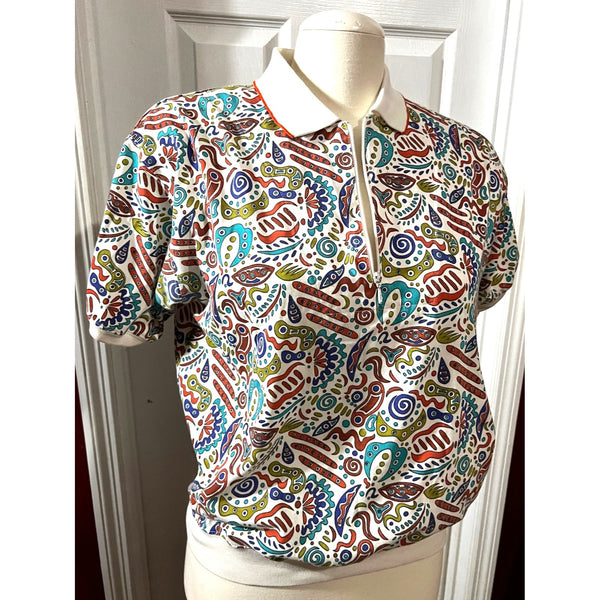 Vintage Colorful Geometric Eighties Shirt by Blast Point Sz Small Petite Womens Collared Zip Down